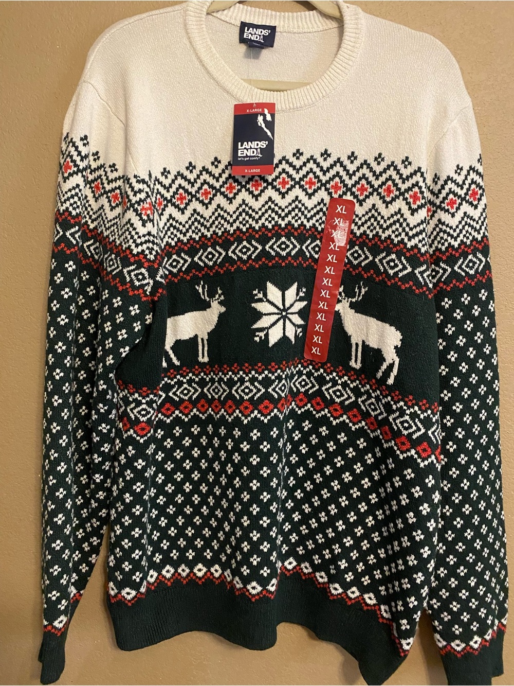 Lands' End Green, cream Fair Isle Reindeer Holiday Christmas Sweater Men's XL